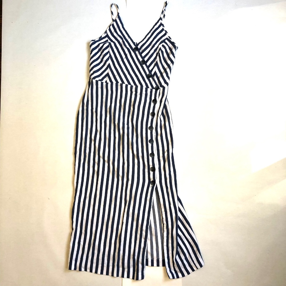 Vince Camuto Linen Striped MIDI White and Blue Summer Dress Size S